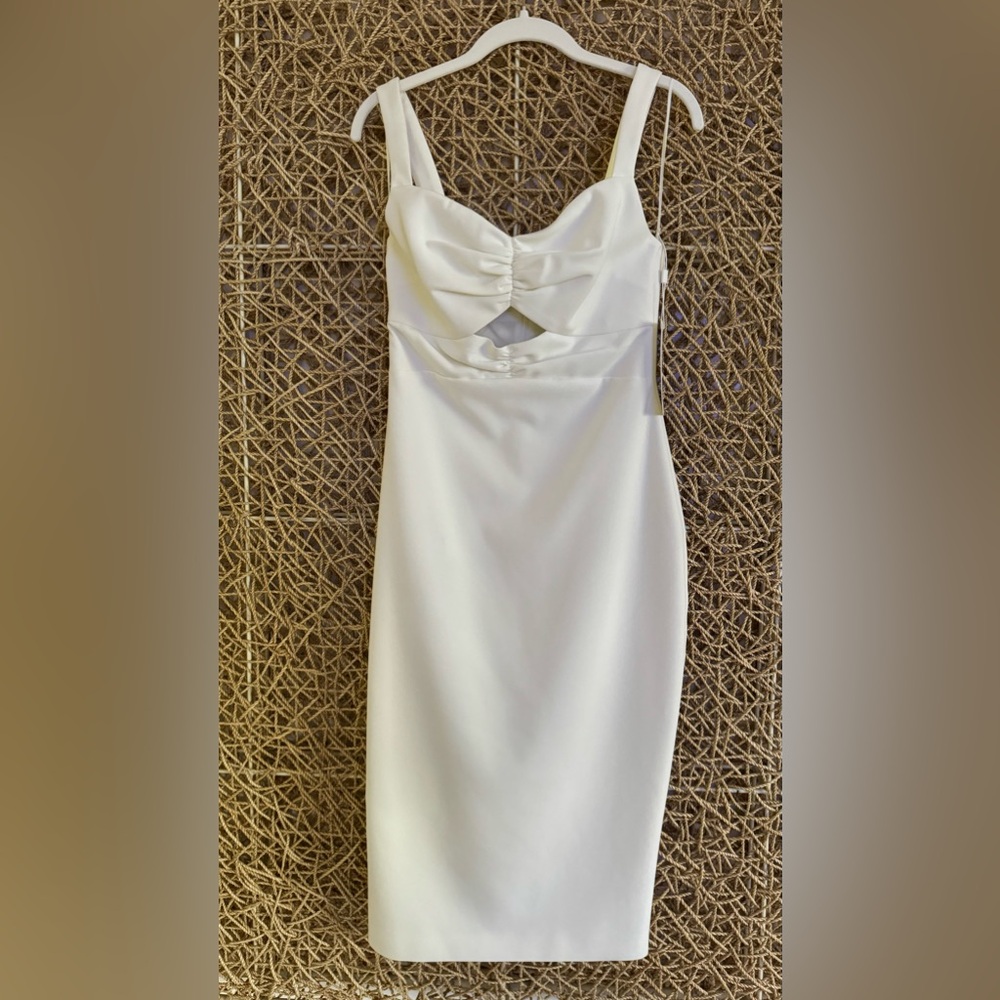 Mid-length white dress. Diamond ruched cut. Brand new never worn